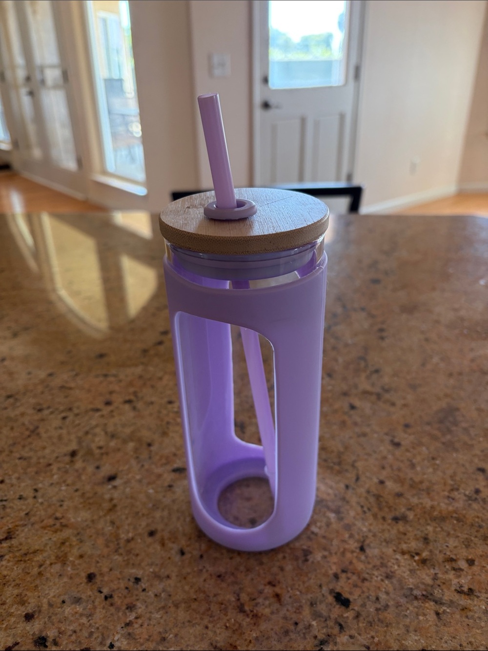 Purple Glass Water Bottle with Bamboo Lid and Straw